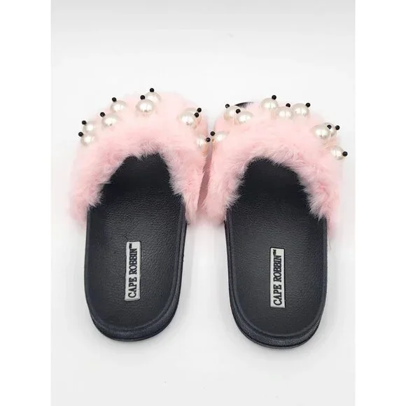 Cape Robbin Moira Women Slip On Skids Sandal Size 5 Pink Faux Fur & Pearl Accent - Picture 5 of 8